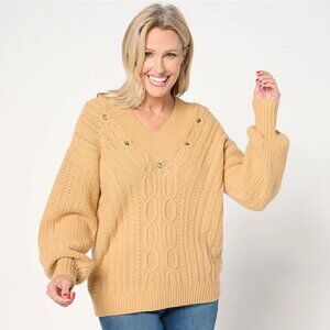 New Isaac Mizrahi Live! Apres V-Neck Cable Stitch Fawn Sweater Stones Size XS